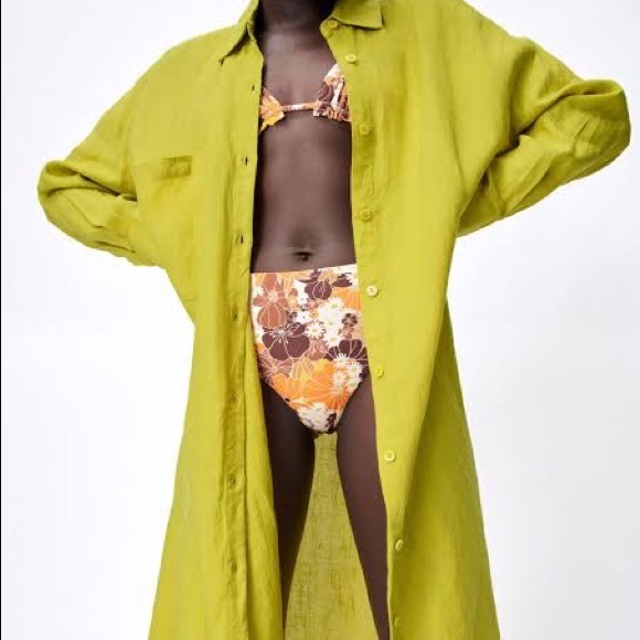 Zara oversized shirt linen dress in lime green colour - Picture 4 of 11